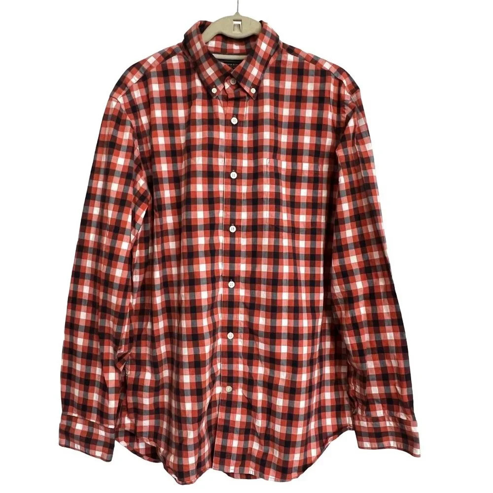 Banana Republic Gingham Shirt Mens Orange Blue Soft Wash Front Pocket Size L